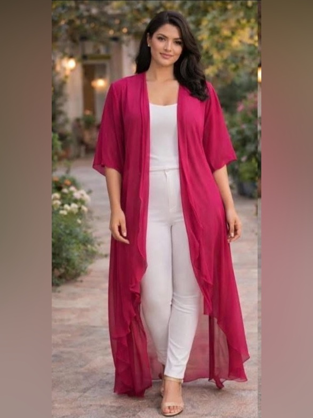 Magenta Open-Front Long Kimono Duster